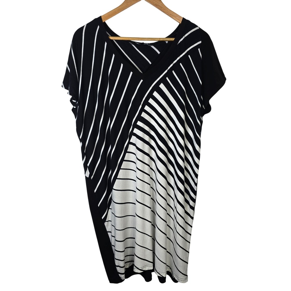 Samuel Dong Black White Striped V Neck Tunic‎ Dress Women's Size Medium